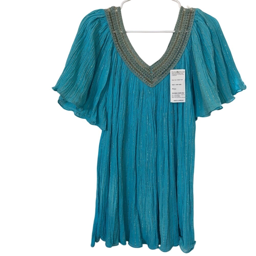 Grimani Women's Top NWT 17" Pit to Pit V-Neck Short Sleeve Aqua Sparkle